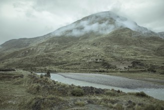 Landscape in the highlands, river Mantaro, early morning fog, Chacapalpa, Peru