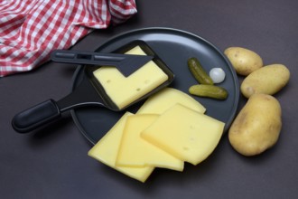 Raclette, cheese slices in raclette pans, Switzerland