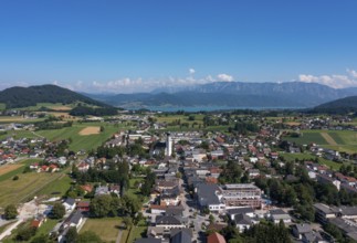 Drone shot, panorama shot, agricultural landscape, Sankt Georgen im Attergau, Salzkammergut,