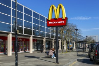 McDonald's sign in Midsummer Place shops, Milton Keynes Central, Buckinghamshire, England, UK