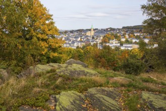 Rock of the Devil's Pulpit with town view of Annaberg with St. Anne's Church, Annaberg-Buchholz,