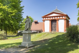 Count's hereditary burial place, in front of it a large figure of Jesus Christ with outstretched