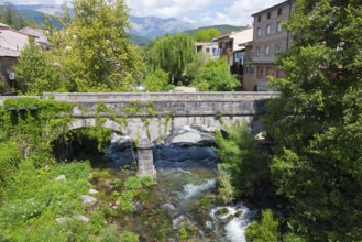 Eine historische Steinbrücke über einen klaren Fluss mit Blick auf Bäume, Gebäude und Berge im