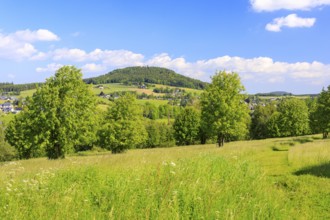 Town and mountain Bärenstein in the Ore Mountains, in the background the Pöhlberg, view from