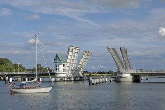 Folded up, bascule bridge, Kappeln, Schlei, Schleswig-Holstein, Germany