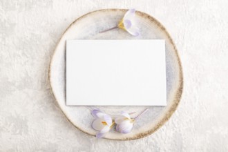 White paper invitation card, mockup with crocus flowers on ceramic plate and gray concrete