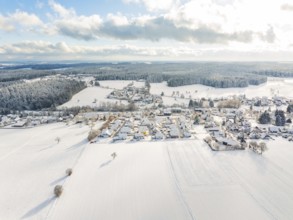 Snow-covered village in a wide, wintry landscape, Oberreichenbach, Black Forest, district of Calw,
