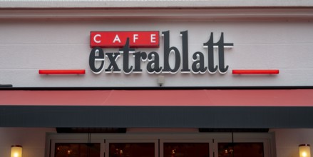 Cafe Extrablatt, lettering and logo on the façade, Soest, North Rhine-Westphalia, Germany