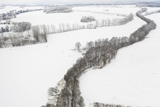 Aerial view of a winding tree-lined stream in the snow, between Eppendorf and Leubsdorf, Central