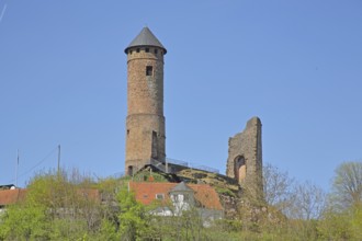 Round red tower of the castle built in the 11th century, spring, Kirkel, Bliesgau, Saarland,