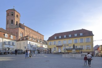 Market square with market fountain, neo-Romanesque St Michael's Church built in 1841, old town hall