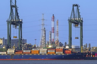 Gantry cranes and stacked containers on container ship docked at container terminal in the port of