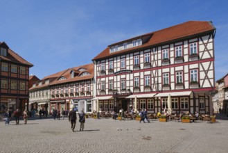 Hotel and restaurant at the market place, half-timbered houses, Wernigerode, Harz, Saxony-Anhalt,