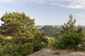 View from Kleiner Bärenstein to Königstein Fortress and Pfaffenstein, Saxon Switzerland, Saxony,