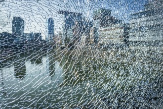 Shattered glass pane, crime, vandalism, harbour, Düsseldorf, North Rhine-Westphalia, Germany