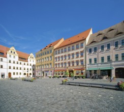 Market square with town houses and Mohren pharmacy, Torgau, Saxony, Germany
