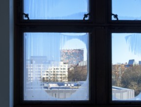 Condensation on the windows in the Martin Gropius Bau, view of Wilhelmstrasse and Berlin-Kreuzberg,