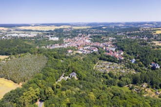 Aerial view of the town from the south with Osterburg, Weida, Thuringia, Germany