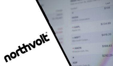 northvolt logo is displayed on smartphone. Northvolt AB is a Swedish battery developer and