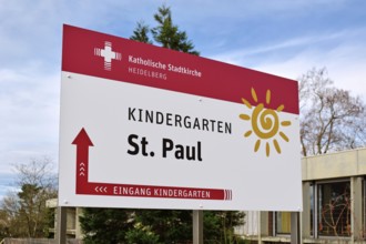 Heidelberg, Germany - February 20th 2025: Sign at entrance of Catholic City Church St. Paul's