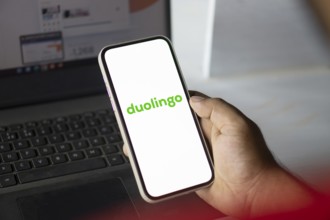 Dhaka, Bangladesh- 6 Jan 2025: Duolingo logo is displayed on smartphone. Duolingo Inc is an