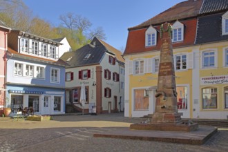 Napoleon fountain, obelisk, houses, snake fountain, Napoleon fountain, Blieskastel, Bliesgau,