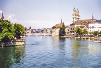 Historic buildings and cathedral bridge on the Limmat in the city centre, Zurich, Switzerland,