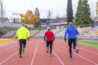 Rear view of three old sportive man sprinting in an athletics tack