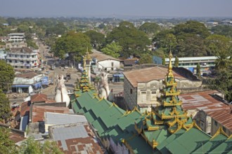 View over the city Pyay, Prome seen from the Buddhist Shwesandaw pagoda, Bago Region, Myanmar,