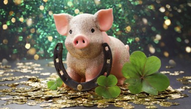 AI generated, A lucky charm for New Year's Eve, Pig, Piggy, Horseshoe, Shamrock confetti, Happy New