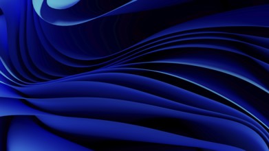 Smooth, flowing blue waves form an abstract background, resembling a digital landscape. The design