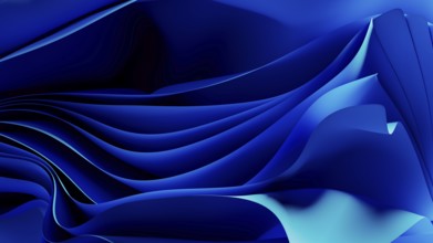 Smooth, flowing blue waves form an abstract background, resembling a digital landscape. The design