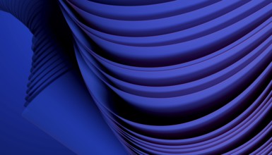 Dynamic abstract 3D image featuring flowing dark blue wave patterns and fluid curves, creating a