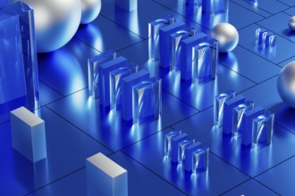 An array of geometric forms cast in blue illuminates a stunning 3D technological environment,