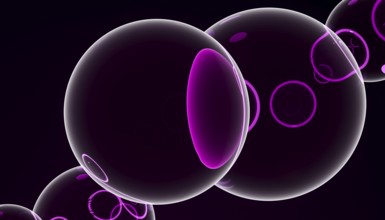 A visually striking 3D render of large, glossy purple spheres floating against a dark, shadowy