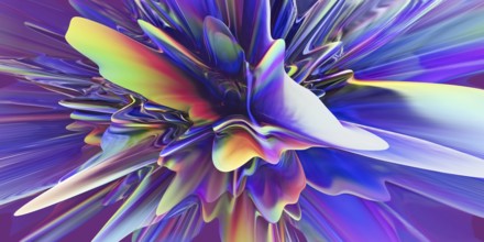 A striking image featuring vibrant 3D extrusions in holographic, fluid colors, creating a dynamic