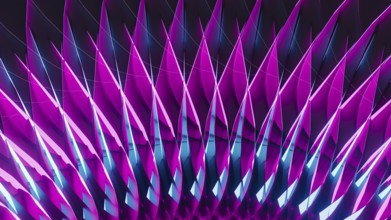 Colorful neon lights illuminate sharp geometric shapes in an abstract design, creating a