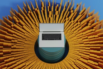 A laptop stands surrounded by vibrant data elements, symbolizing connection and network activity