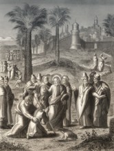 Healing a blind man near Jericho, New Testament, steel engraving 1853, digitally restored