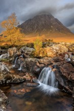 Waterfall, wild river, cloudy mood, morning light, autumn colours, autumn, mountains, Buachaille