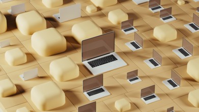 Laptops are arranged against a backdrop of geometric shapes and tiles, creating a contemporary tech