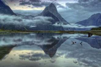 New Zealand, South Island, Milford Sound, fog, morning light, landscape, waters