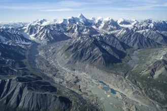 Melted glacier, glacier bed, aerial view, Alaska Range, Denali National Park, Alaska, USA
