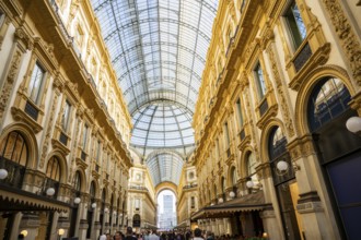 View of the Galleria Vittorio Emanuele with its many luxury shops in Milan on a sunny day, Milan,