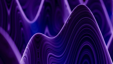 A mesmerizing 3D render depicting undulating abstract wave patterns in varying shades of purple and