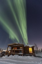 Northern Lights, Aurora borealis, wooden house, cabin, moonlight, winter, snow, Inuvik, Northwest
