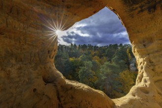 Klusfelsen, sandstone rock formation in Goslar near Halberstadt on the edge of the Harz Mountains,