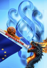 Symbolic photo, snail moving in the flood of laws, government kite eating European Union,