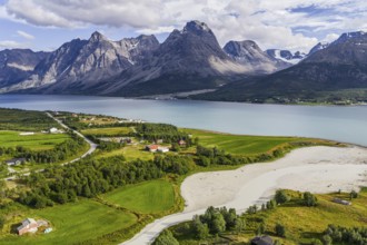 Aerial view over Lyngen Alps south of Svensby, Lyngen peninsula, Norway
