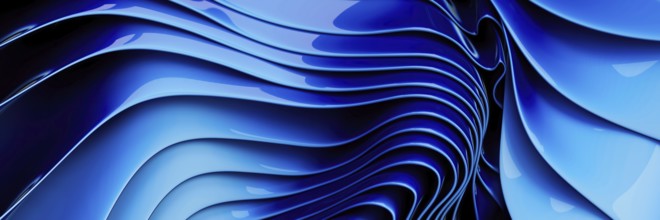 Abstract blue waves create a stunning visual with curved, flowing layers. The dynamic motion and
